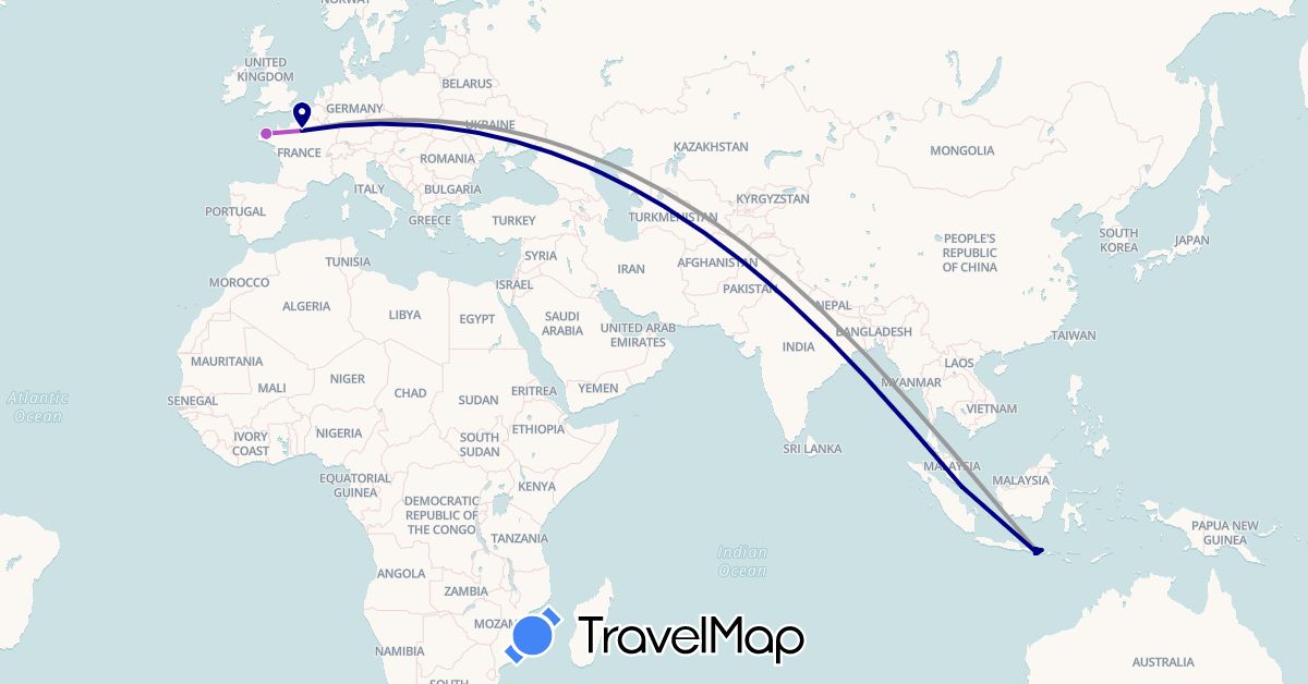 TravelMap itinerary: driving, plane, train in France, Indonesia, Macau, Singapore (Asia, Europe)